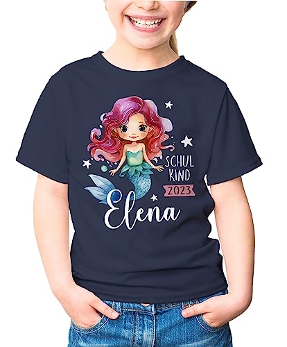 SpecialMe® Kinder Mädchen T-Shirt Schulanfang Meerjungfrau Schulkind personalisiert Wunschname Geschenk Einschulung 2025 Navy 122-128 (7-8 Jahre) von SpecialMe
