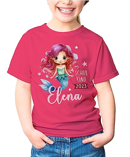 SpecialMe® Kinder Mädchen T-Shirt Schulanfang Meerjungfrau Schulkind personalisiert Wunschname Geschenk Einschulung 2025 Pink 110-116 (5-6 Jahre) von SpecialMe