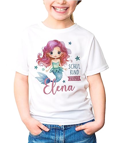 SpecialMe® Kinder Mädchen T-Shirt Schulanfang Meerjungfrau Schulkind personalisiert Wunschname Geschenk Einschulung 2025 Weiss 129-140 (9-10 Jahre) von SpecialMe
