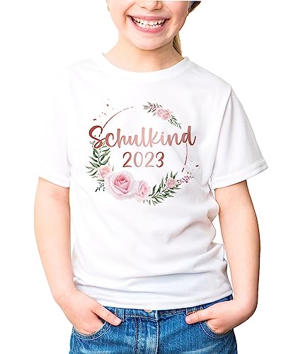 SpecialMe® Kinder Mädchen T-Shirt Schulanfang Schulkind Rosenblüten Blumen personalisiert Einschulung 2025sjahr anpassbar Weiss 122-128 (7-8 Jahre) von SpecialMe