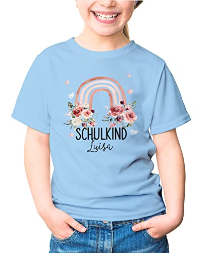 SpecialMe® Kinder Mädchen T-Shirt Schulanfang Schulkind personalisiert Wunschname Regenbogen Blumen hellblau 129-140 (9-10 Jahre) von SpecialMe