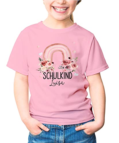 SpecialMe® Kinder Mädchen T-Shirt Schulanfang Schulkind personalisiert Wunschname Regenbogen Blumen rosa 110-116 (5-6 Jahre) von SpecialMe