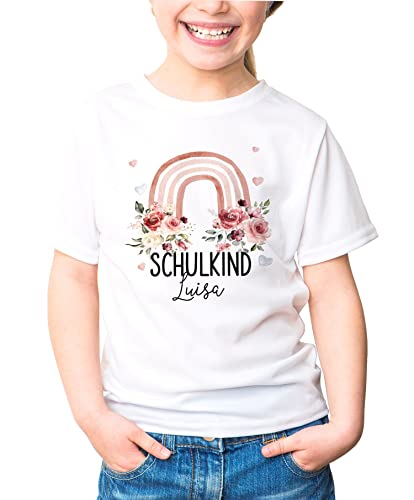 SpecialMe® Kinder Mädchen T-Shirt Schulanfang Schulkind personalisiert Wunschname Regenbogen Blumen weiß 98-104 (3-4 Jahre) von SpecialMe