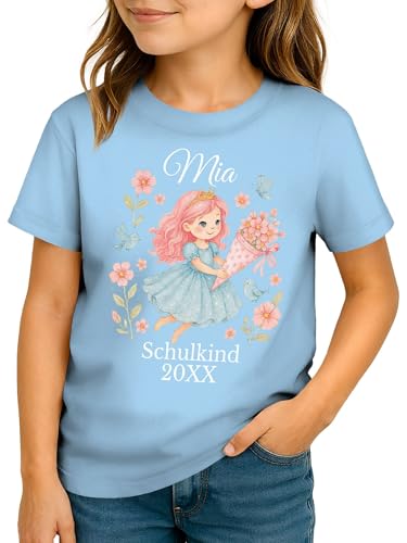 SpecialMe® Kinder Mädchen T-Shirt Schulkind 2025 Prinzessin Fee Mermaid mit Name Jahreszahl personalisiert Einschulungsgeschenk Hellblau 122-128 (7-8 Jahre) von SpecialMe