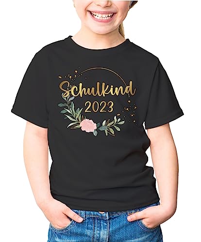 SpecialMe® Kinder Mädchen T-Shirt Schulkind personalisiert Jahreszahl Blumen Blüten Goldfarben Geschenk Einschulung 2025 Schwarz 122-128 (7-8 Jahre) von SpecialMe