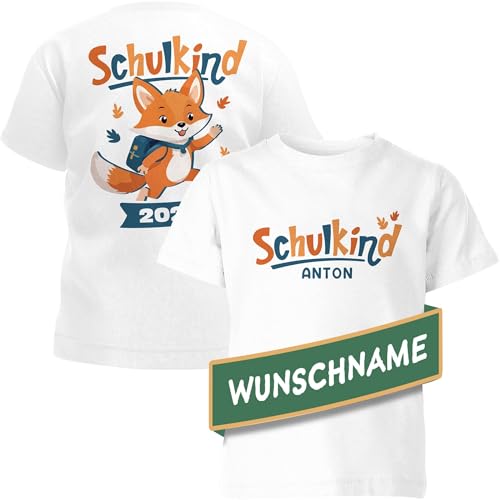 SpecialMe® Kinder T-Shirt Jungen Mädchen Schulkind 2025 mit Namen Fuchs Motiv personalisierbar Schulanfang Geschenk Weiss 141-152 (11-12 Jahre) von SpecialMe