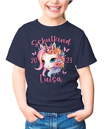 SpecialMe® Kinder T-Shirt Mädchen Einhorn Schulanfang Schulkind personalisiert mit Wunschname und Jahreszahl Navy 122-128 (7-8 Jahre) von SpecialMe