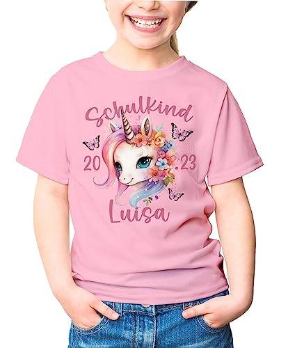 SpecialMe® Kinder T-Shirt Mädchen Einhorn Schulanfang Schulkind personalisiert mit Wunschname und Jahreszahl rosa 110-116 (5-6 Jahre) von SpecialMe