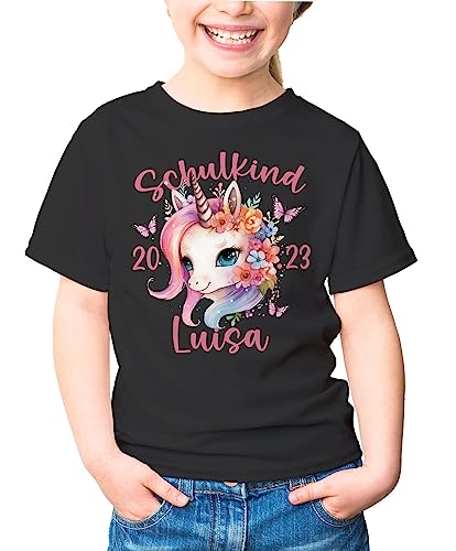 SpecialMe® Kinder T-Shirt Mädchen Einhorn Schulanfang Schulkind personalisiert mit Wunschname und Jahreszahl schwarz 122-128 (7-8 Jahre) von SpecialMe