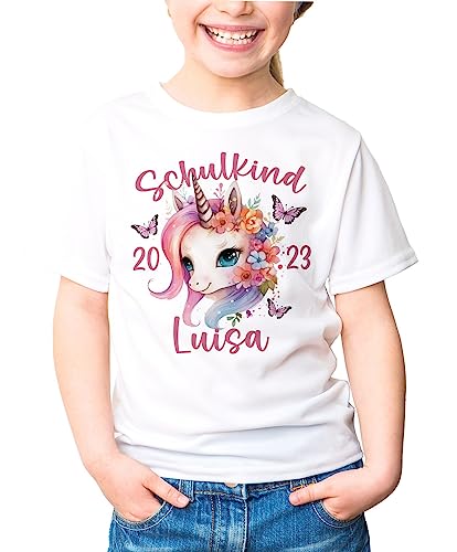 SpecialMe® Kinder T-Shirt Mädchen Einhorn Schulanfang Schulkind personalisiert mit Wunschname und Jahreszahl weiß 122-128 (7-8 Jahre) von SpecialMe