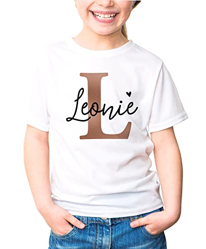 SpecialMe® Kinder T-Shirt Name personalisiert Initiale Anfangsbuchstabe Kupferoptik Namensgeschenke Mädchen weiß 122-128 (7-8 Jahre) von SpecialMe