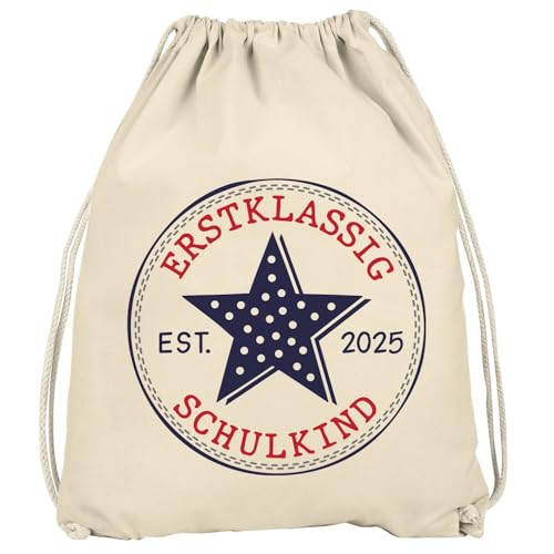 SpecialMe® Kinder Turnbeutel Schulkind 2025 Schriftzug Erstklassig Geschenk zur Einschulung Jungen Mädchen Natur unisize von SpecialMe