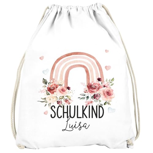 SpecialMe® Kinder Turnbeutel mit Name Schulkind 2025 Regenbogen Blumen personalisierte Geschenke Schulanfang Mädchen Weiss unisize von SpecialMe