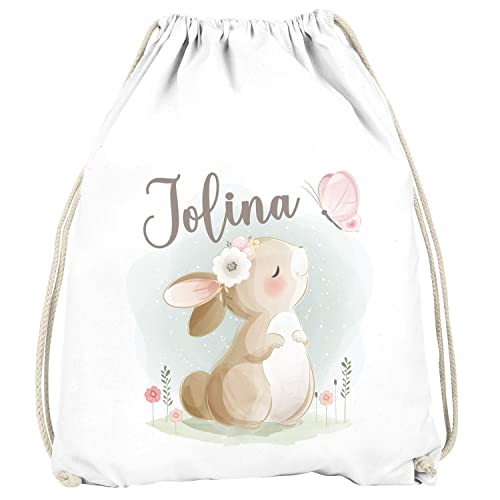 SpecialMe® Kinder Turnbeutel mit Name Tiermotive Bär, Hase, Fuchs personalisierte Geschenke Mädchen Jungen Hase weiß unisize von SpecialMe