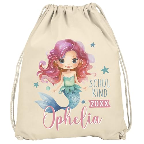 SpecialMe® Kinder Turnbeutel mit Name und Einschulungsjahr Meerjungfrau Aufdruck personalisierte Geschenke Schulanfang 2025 Mädchen Natur unisize von SpecialMe