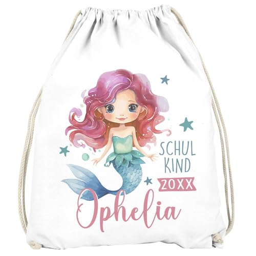SpecialMe® Kinder Turnbeutel mit Name und Einschulungsjahr Meerjungfrau Aufdruck personalisierte Geschenke Schulanfang 2025 Mädchen Weiss unisize von SpecialMe