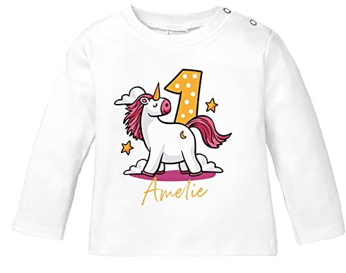 SpecialMe® Langarmshirt mit Namen Zahl Geburtstagsshirt Geschenk 1. (2.) Gerburtstag Einhorn Motiv Mädchen 1 Jahr weiß 80/86 (10-15 Monate) von SpecialMe