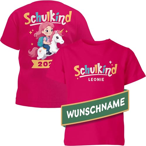 SpecialMe® Mädchen T-Shirt Schulanfang mit Namen und Zahl Einhorn Schulkind 2024 personalisiert Wunschname Rückseite pink 129-140 (9-10 Jahre) von SpecialMe