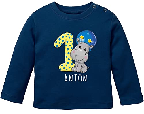 SpecialMe® personalisiertes Baby Langarmshirt mit Namen Zahl 1 Geburtstagsshirt Nilpferd Tiermotive Junge/Mädchen blau 92/98 (16-24-Monate) von SpecialMe