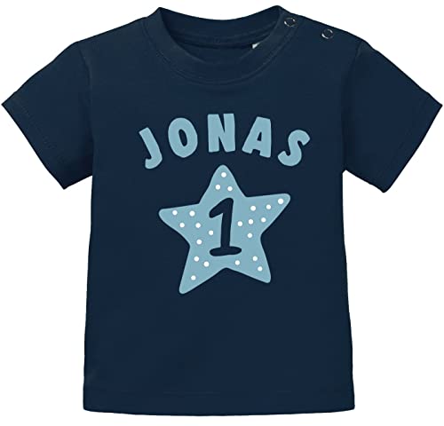 SpecialMe® personalisiertes Baby T-Shirt Name und Zahl 1 zum ersten Geburtstag Motiv Stern Junge/Mädchen Jungen dunkelblau 56/62 (1-3 Monate) von SpecialMe