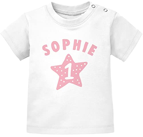 SpecialMe® personalisiertes Baby T-Shirt Name und Zahl 1 zum ersten Geburtstag Motiv Stern Junge/Mädchen Mädchen weiß 56/62 (1-3 Monate) von SpecialMe