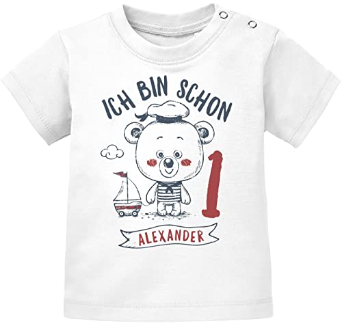 SpecialMe® personalisiertes Baby T-Shirt mit Namen Ich Bin Schon 1 Bär Kapitän Captain Segelboot Geburtstagsshirt Jungen 1 Jahr weiß 80/86 (10-15 Monate) von SpecialMe