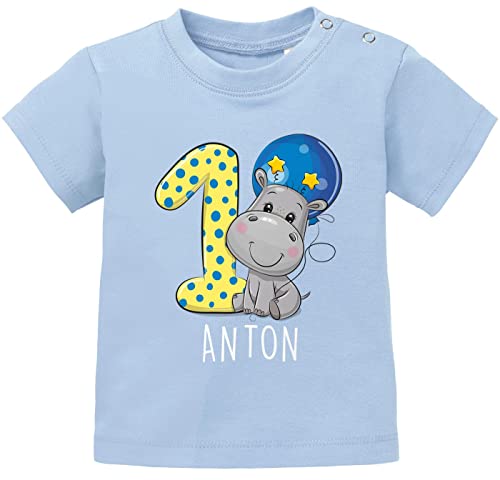 SpecialMe® personalisiertes Baby T-Shirt mit Namen Zahl 1 Geburtstagsshirt Nilpferd Tiermotive Junge/Mädchen hellblau 80/86 (10-15 Monate) von SpecialMe