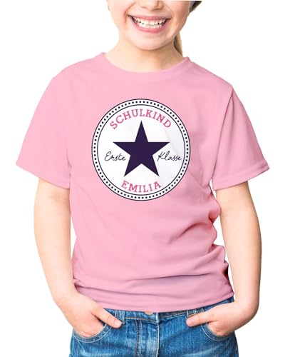 SpecialMe Kinder Mädchen T-Shirt Schulanfang Stern mit Name personalisiert Schulkind Geschenkidee Einschulung 2025 Rosa 122-128 (7-8 Jahre) von SpecialMe