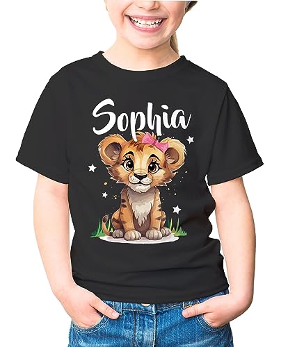 SpecialMe Kinder T-Shirt Mädchen Name Kleiner Löwe Tiermotiv personalisiert Namensgeschenke schwarz 110-116 (5-6 Jahre) von SpecialMe