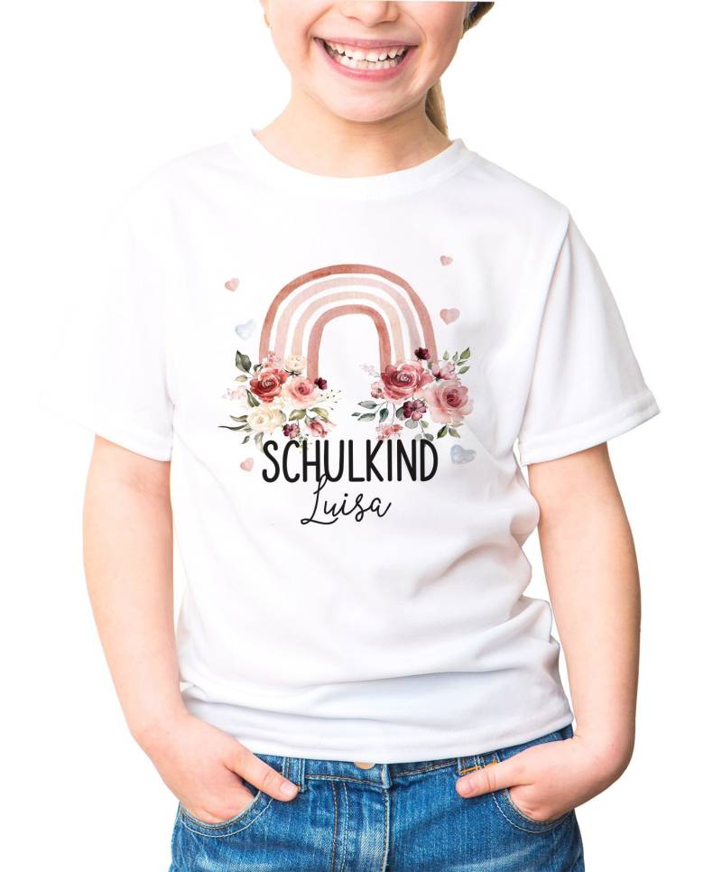 Kinder Mädchen T-Shirt Schulanfang Schulkind Personalisiert Wunschname Regenbogen Blumen Specialme® von SpecialMeStore