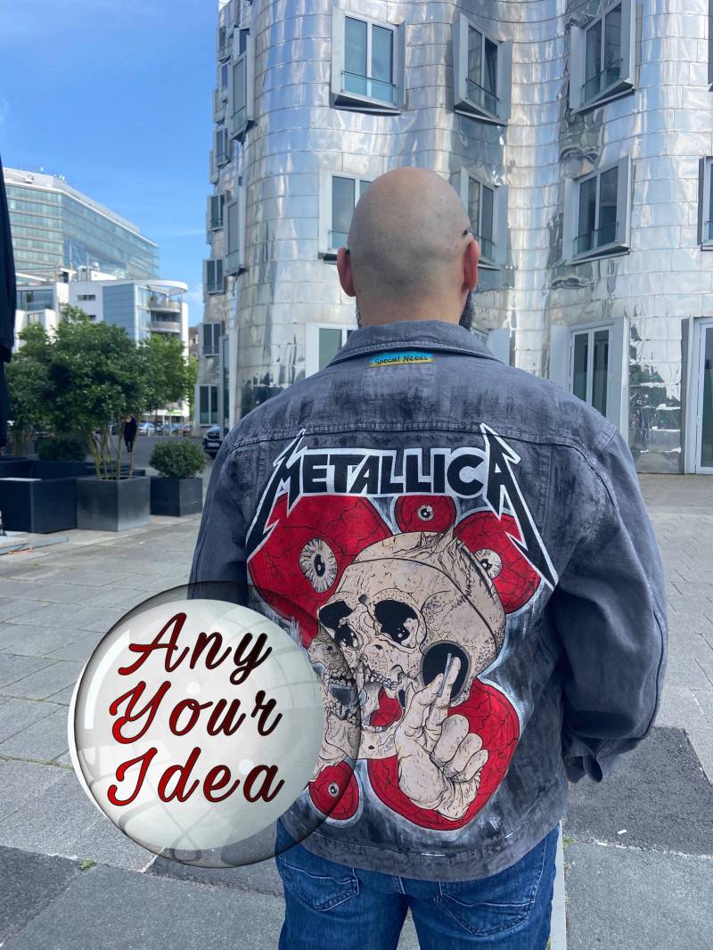 Benutzerdefinierte Handbemalte Jeansjacke, Übergroße Jeans Streetwear, Vintage-Kleidungsmusik-Grafik, Personalisierte Bemalte Jacke, Festival-Outfit von SpecialNeedsCustom