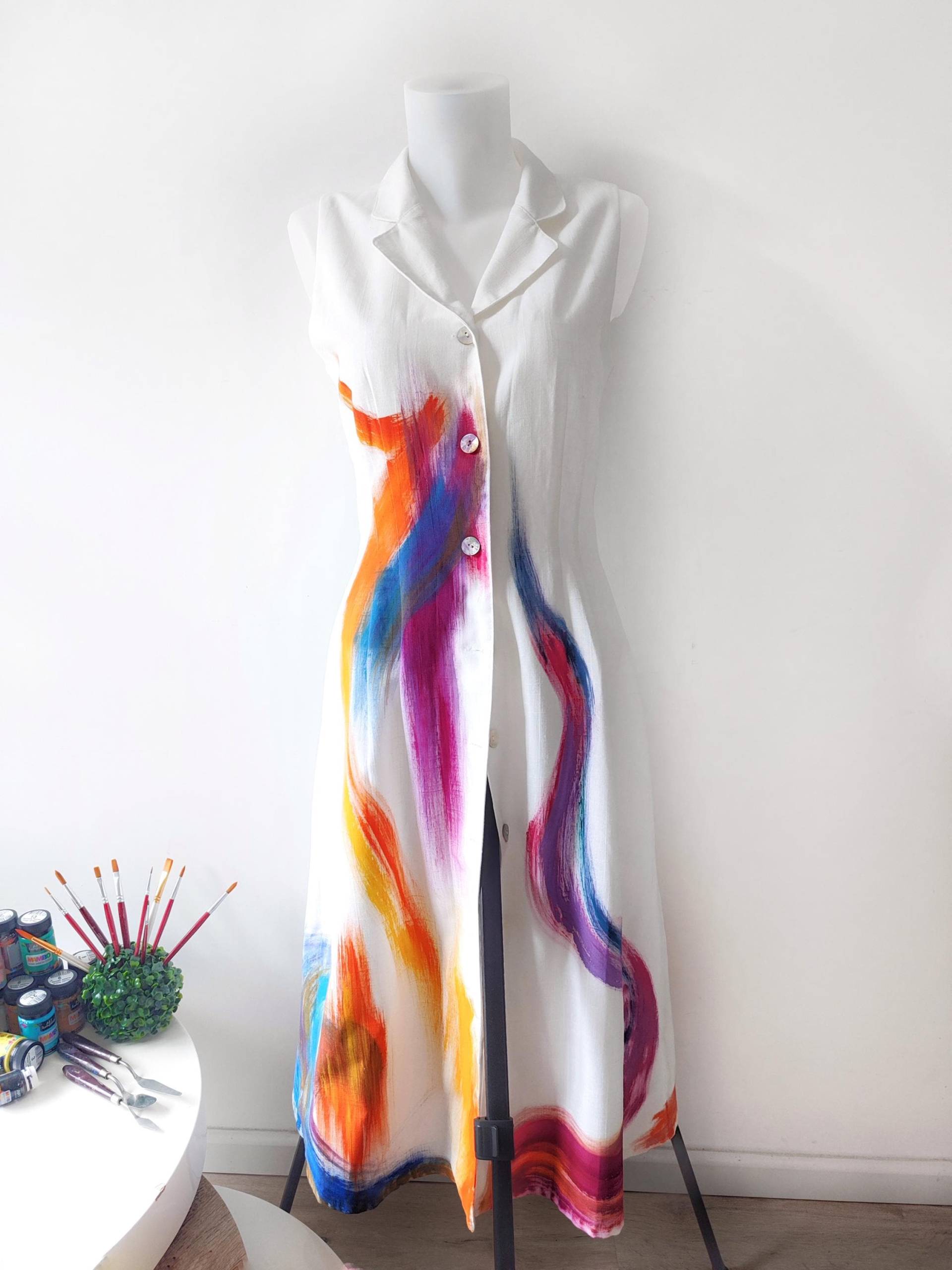 Handbemaltes Kleid, Benutzerdefinierte Tragbare Kunst Maxi Boho Abstrakte Sommerkleid, Handgemachte Leinen Kleidung, Göttin Festival Outfit von SpecialNeedsCustom