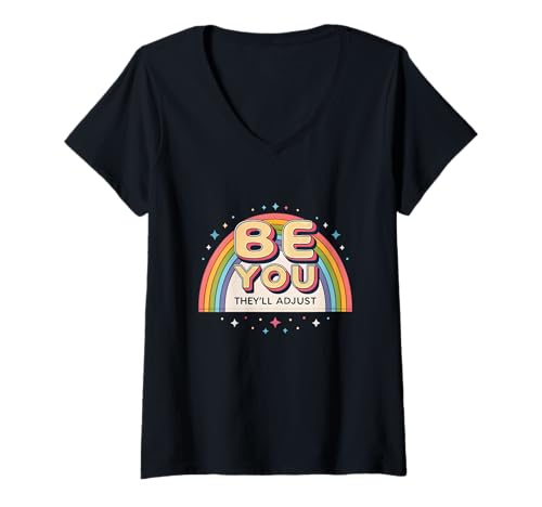 Damen 80er Jahre Retro Regenbogen Be You They'll Adjust Pride Art T-Shirt mit V-Ausschnitt von Spectrum Affirm Studio