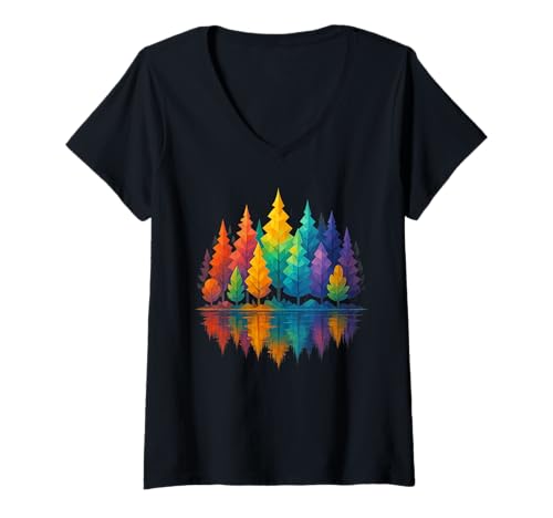 Damen Bunte Natur Wald Reflexion Kunst Geometrie Baum T-Shirt mit V-Ausschnitt Damen Bunte Natur Wald Reflexion Kunst Geometrie Baum T-Shirt mit V-Ausschnitt von Spectrum Grove Botanical Pine Trees Apparel