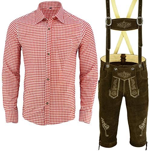 Speed4allkinds Herren Trachten Lederhose mit Träger Echt Lederhose für Oktoberfest Größe 46-62 Dunkelbraun Hosenträger Trachtenlederhose Oktoberfest Outfit Blau Rot Hemd (Lederhose 48 Rotes Hemd L) von Speed4allkinds