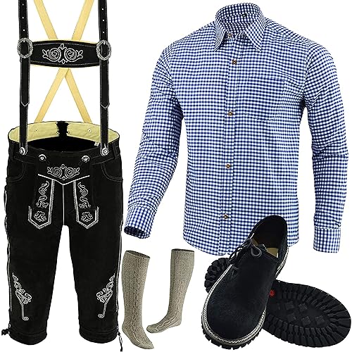 Speed4allkinds Trachten Set Herren Komplett Trachten Lederhose Größe 46-62 Oktoberfest Bayerische 5 Teilig Trachtenlederhose Hemd, Schuhe, Socken Neu (Hose 60 Blau Hemd XXL Schuhe Socken Per Mail) von Speed4allkinds