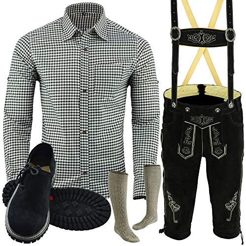 Speed4allkinds Trachten Set Herren Komplett Trachten Lederhose Größe 46-62 Oktoberfest Bayerische 5 Teilig Trachtenlederhose Hemd, Schuhe, Socken Neu (Hose 60 Grau Hemd XXL Schuhe Socken per Mail) von Speed4allkinds