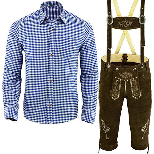 Speed4allkinds Herren Trachten Lederhose mit Träger Echt Lederhose für Oktoberfest Größe 46-62 Dunkelbraun Hosenträger Trachtenlederhose Oktoberfest Outfit Blau Rot Hemd (Lederhose 54 Blau Hemd XXL) von Speed4allkinds