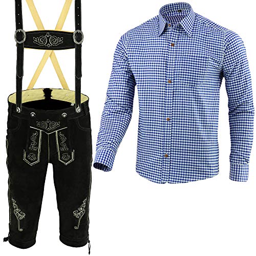 Speed4allkinds Herren Trachten Lederhose Schwarz Inkl. Hosen Träger Größe 46-62 Trachten Set Blau Hemd Neu (Hose 58 Blau Hemd XXXL) von Speed4allkinds