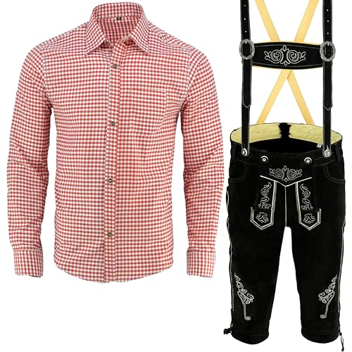 Speed4allkinds Herren Trachten Lederhose Schwarz Inkl. Hosen Träger Größe 46-62 Trachten Set Rotes Hemd Neu (Hose 58 Rotes Hemd XXL) von Speed4allkinds