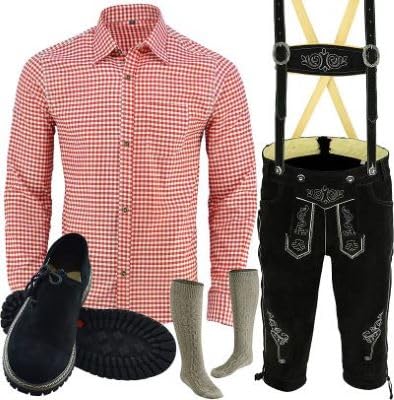 Speed4allkinds Trachten Set Herren Komplett Trachten Lederhose Größe 46-62 Oktoberfest Bayerische 5 Teilig Trachtenlederhose Hemd, Schuhe, Socken Neu (Hose 60 Rot Hemd XXXL Schuhe Socken Per Mail) von Speed4allkinds