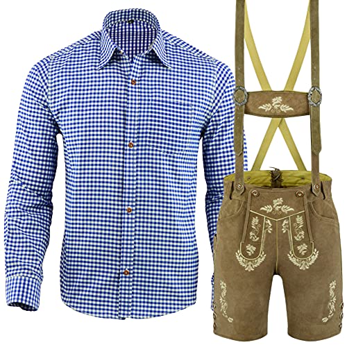 Speed4allkinds Trachten Set Herren Trachtenlederhose Kurz Blau-weiß-kariert oder Rot-weiß-kariert Größe 46 bis 60 LE30 (54 LE30, Blau Weiß Kariert Hemd XL) von Speed4allkinds
