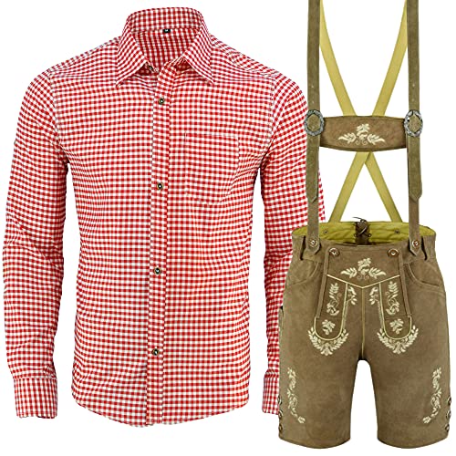 Speed4allkinds Trachten Set Herren Trachtenlederhose Kurz Blau-weiß-kariert oder Rot-weiß-kariert Größe 46 bis 60 LE30 (56 LE30, Rot Weiß Kariert Hemd L) von Speed4allkinds