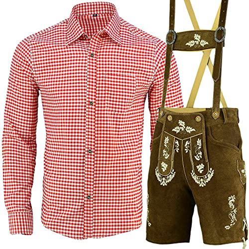 Speed4allkinds Trachtenset Trachten Set Herren Trachtenlederhose Kurz Blau Hemd Socken LE27HSO (50, Rot Weiß Kariert Hemd L) von Speed4allkinds