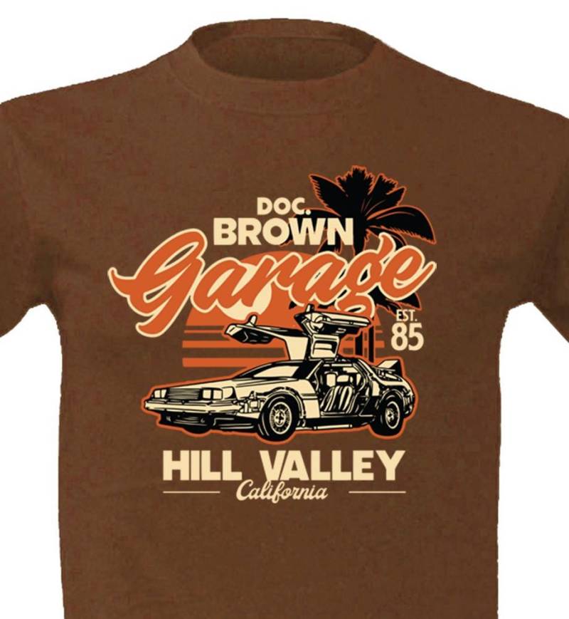 T-Shirt Mit Doc Brown Garage De Lorean Zeitmaschine Frontprint in Brown Von M-xxl von SpeedCowboy