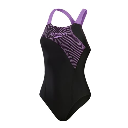 Speedo Damen Badeanzug Medley Logo Schwarz Sweet Purple, Schwarz / Sweet Purple, 40 von Speedo