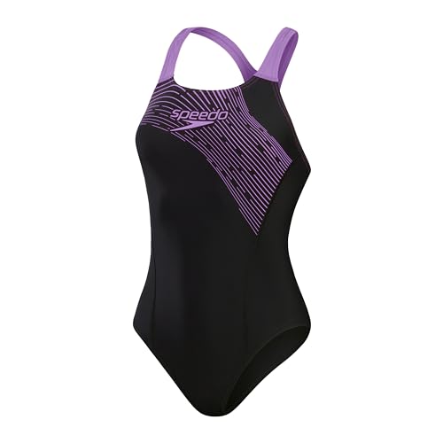 Speedo Damen Badeanzug Medley Logo Schwarz Sweet Purple, Schwarz / Sweet Purple, 44 DE von Speedo