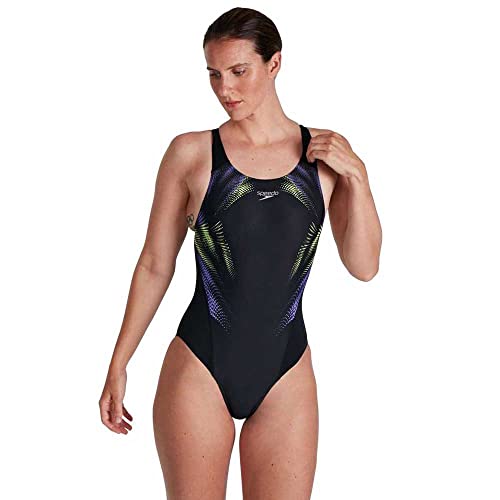 Speedo Damen Placement Digital Recordbreaker Badeanzug, Schwarz/Fluo-Gelb/Ultraviolett, 42 von Speedo