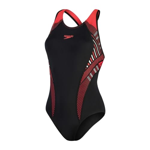 Speedo Damen Plastisol Laneback Wettkampf-Badeanzug, Schwarz/Rot (Black/Fed Red/White) (Mehrfarbig), 40 von Speedo