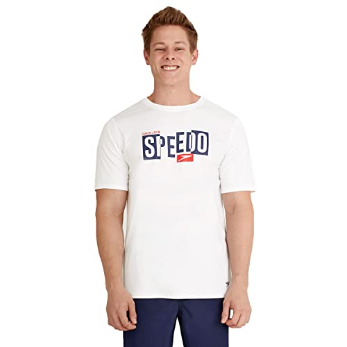 Speedo Herren UV-Badeshirt mit grafischem Muster, kurzärmlig Rash Guard Shirt, Schriftzug in Hellweiß, XX-Large von Speedo
